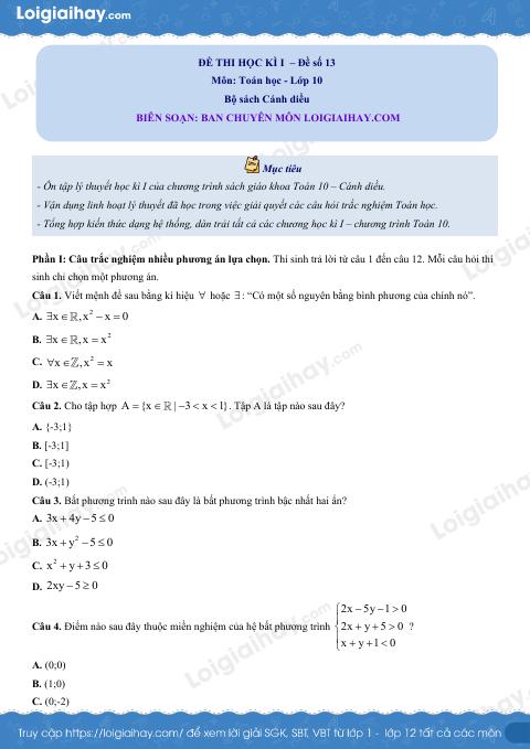 Đề thi học kì 1 Toán 10 Cánh diều - Đề số 13